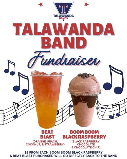 a poster with two drinks featured and musical notes with words that say "Talawanda Band Fundraiser" by Red Brick Lounge.
